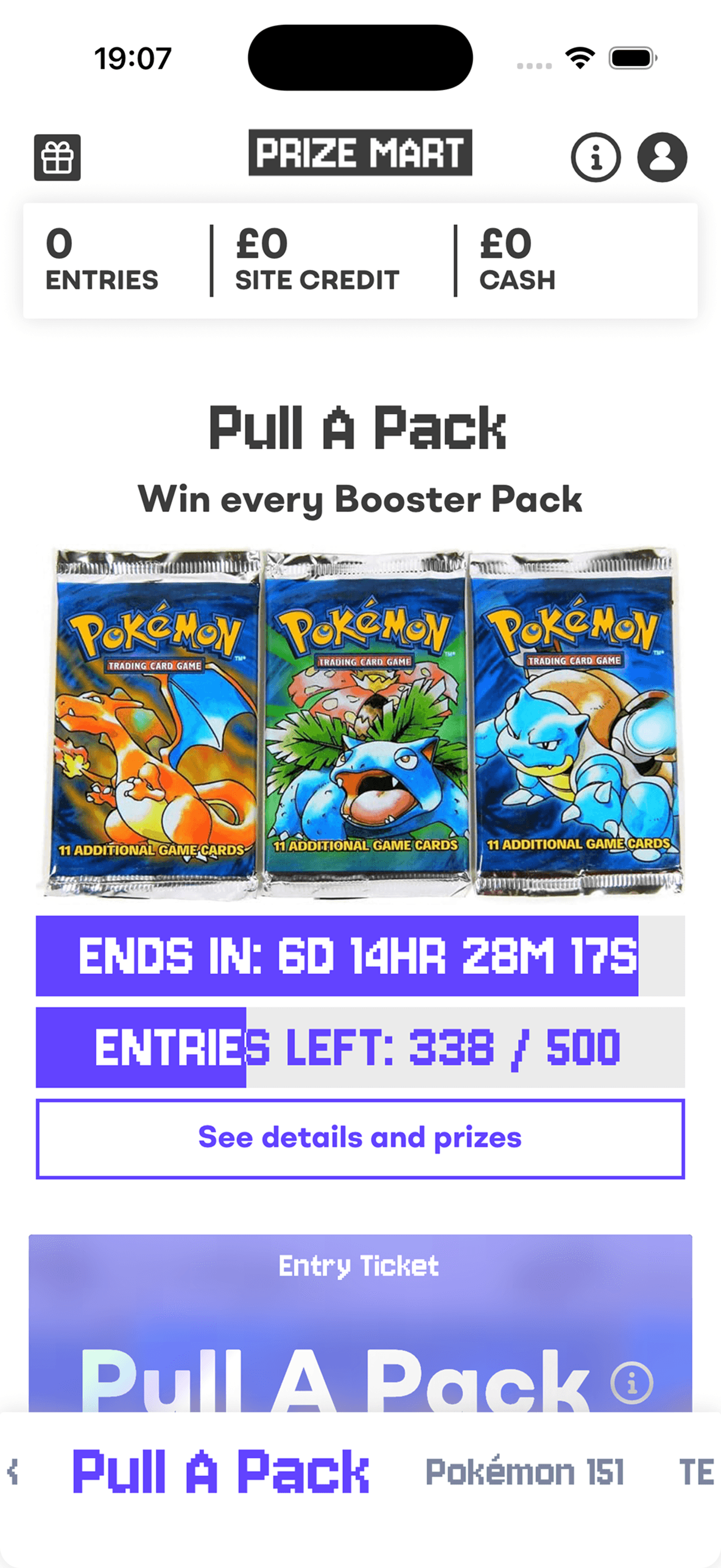 The Prize Mart app showing the Pull A Pack draw, with its countdown and entries left